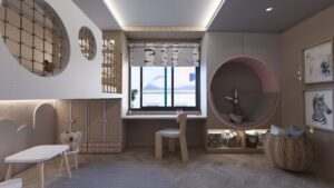 İzmir/Güzelbahçe’de tasarım aşamasını üstlendiğimiz kız çocuk odası renderları